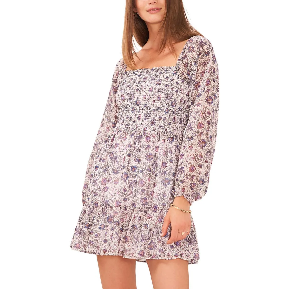 1.State Womens Smocked Bodice Long Sleeve Babydoll Dress