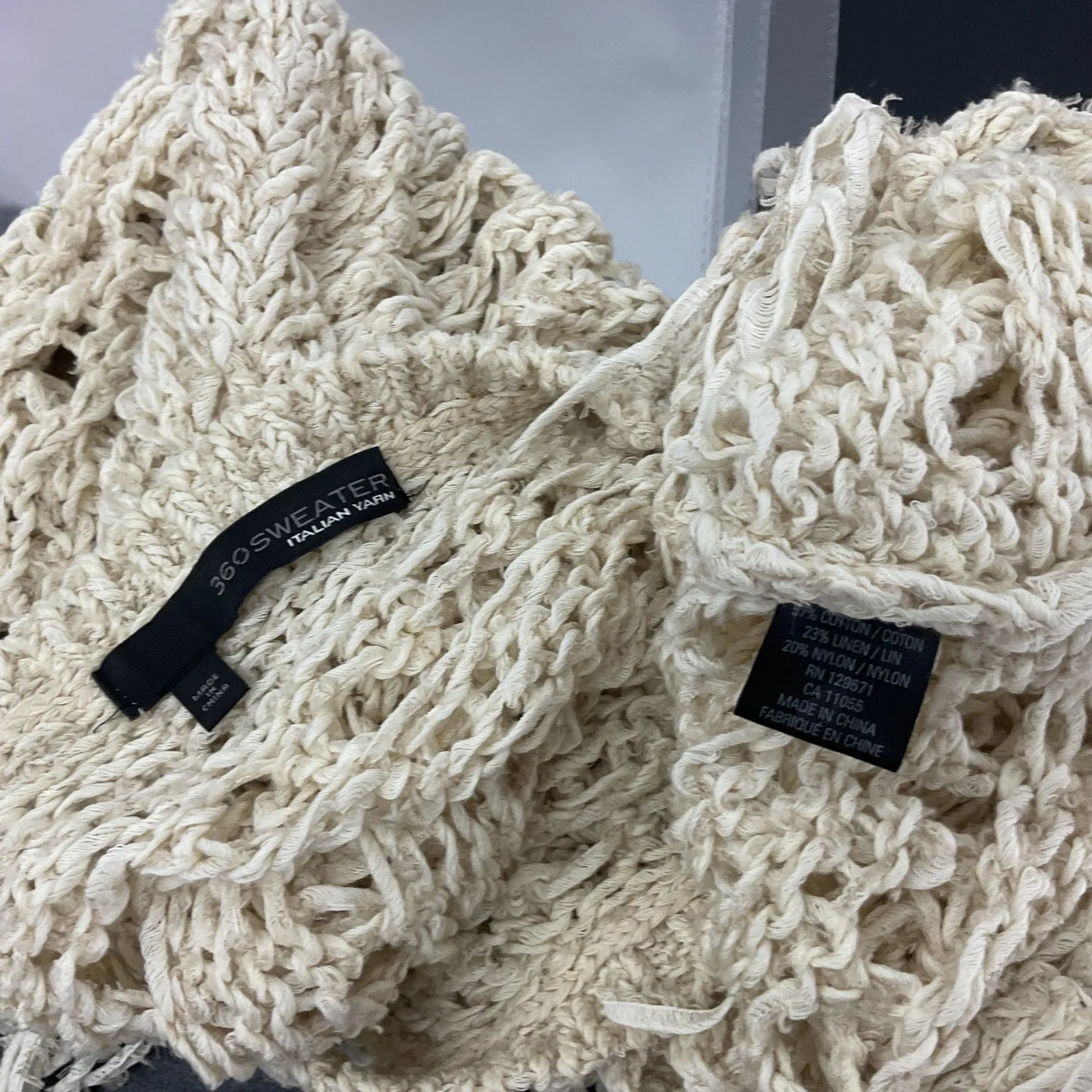 360 Sweater Cream Crochet Fringe Cotton Linen Sweater Cape Poncho One Size