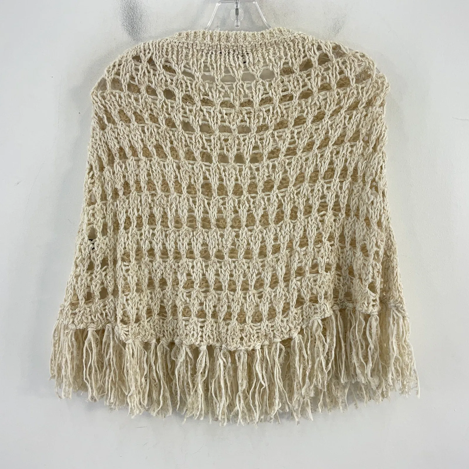 360 Sweater Cream Crochet Fringe Cotton Linen Sweater Cape Poncho One Size