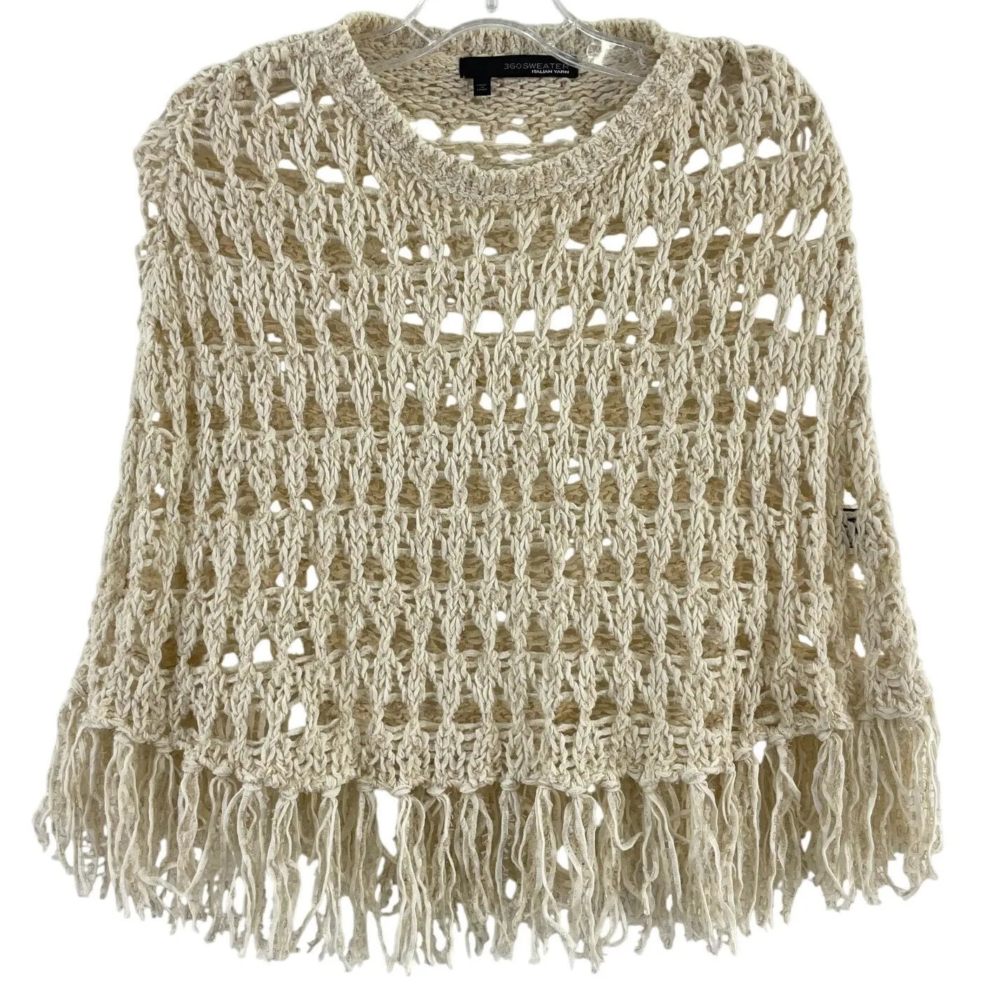 360 Sweater Cream Crochet Fringe Cotton Linen Sweater Cape Poncho One Size