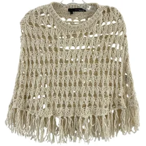 360 Sweater Cream Crochet Fringe Cotton Linen Sweater Cape Poncho One Size