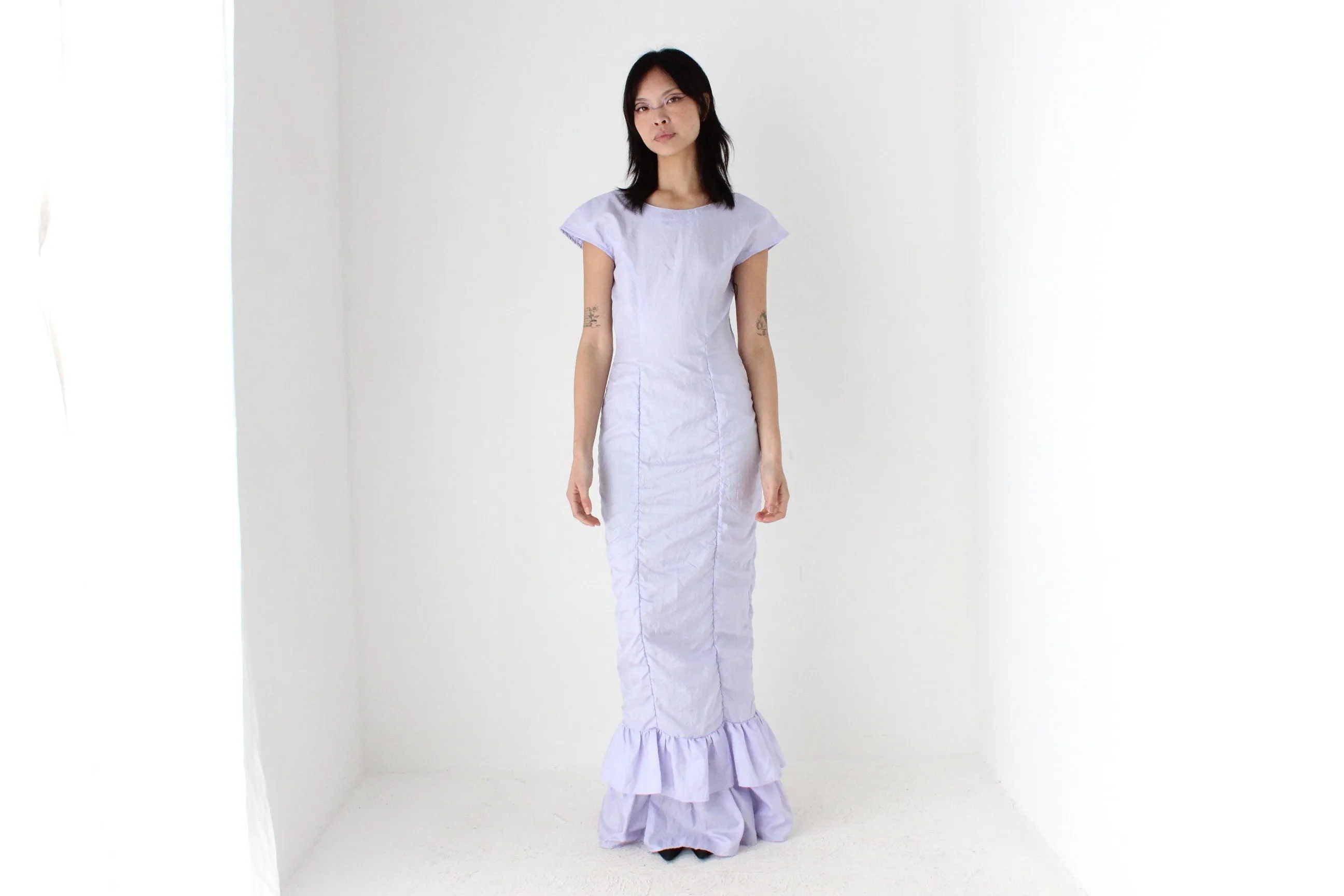 80s Pastel Taffeta Ruched & Ruffle Party Dress