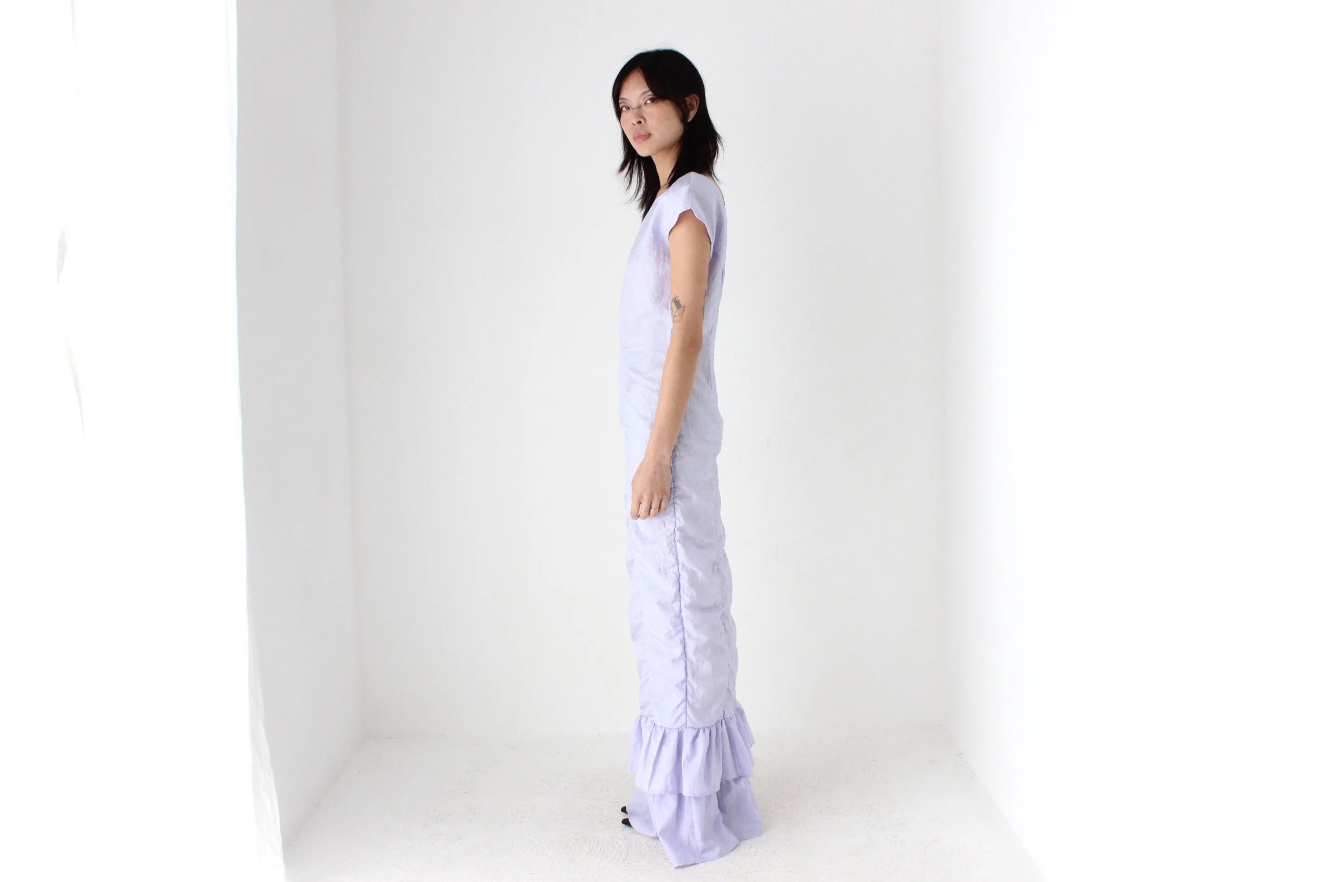 80s Pastel Taffeta Ruched & Ruffle Party Dress