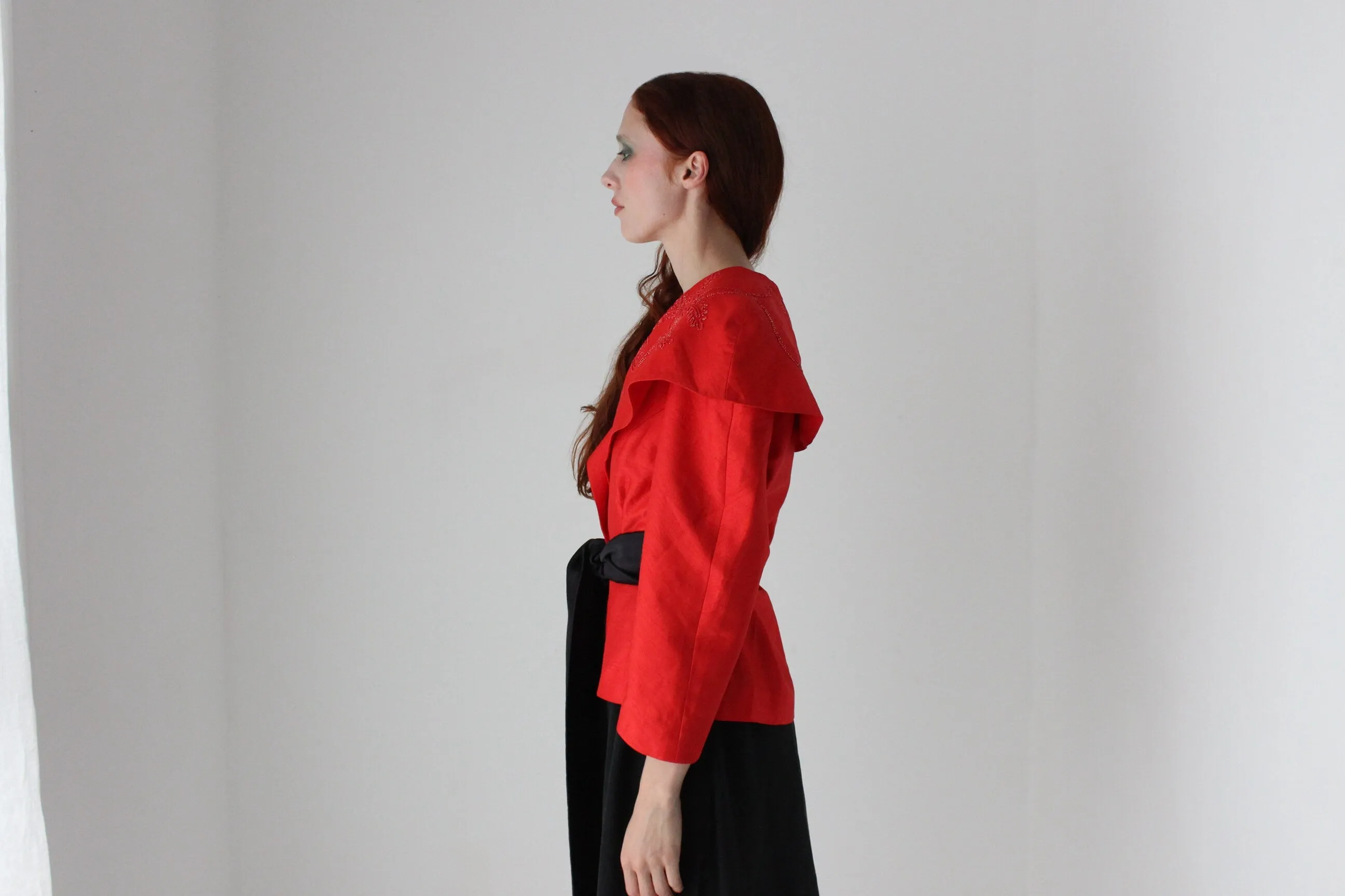 80s Raw Silk Look Bold Shoulder Jacket Top