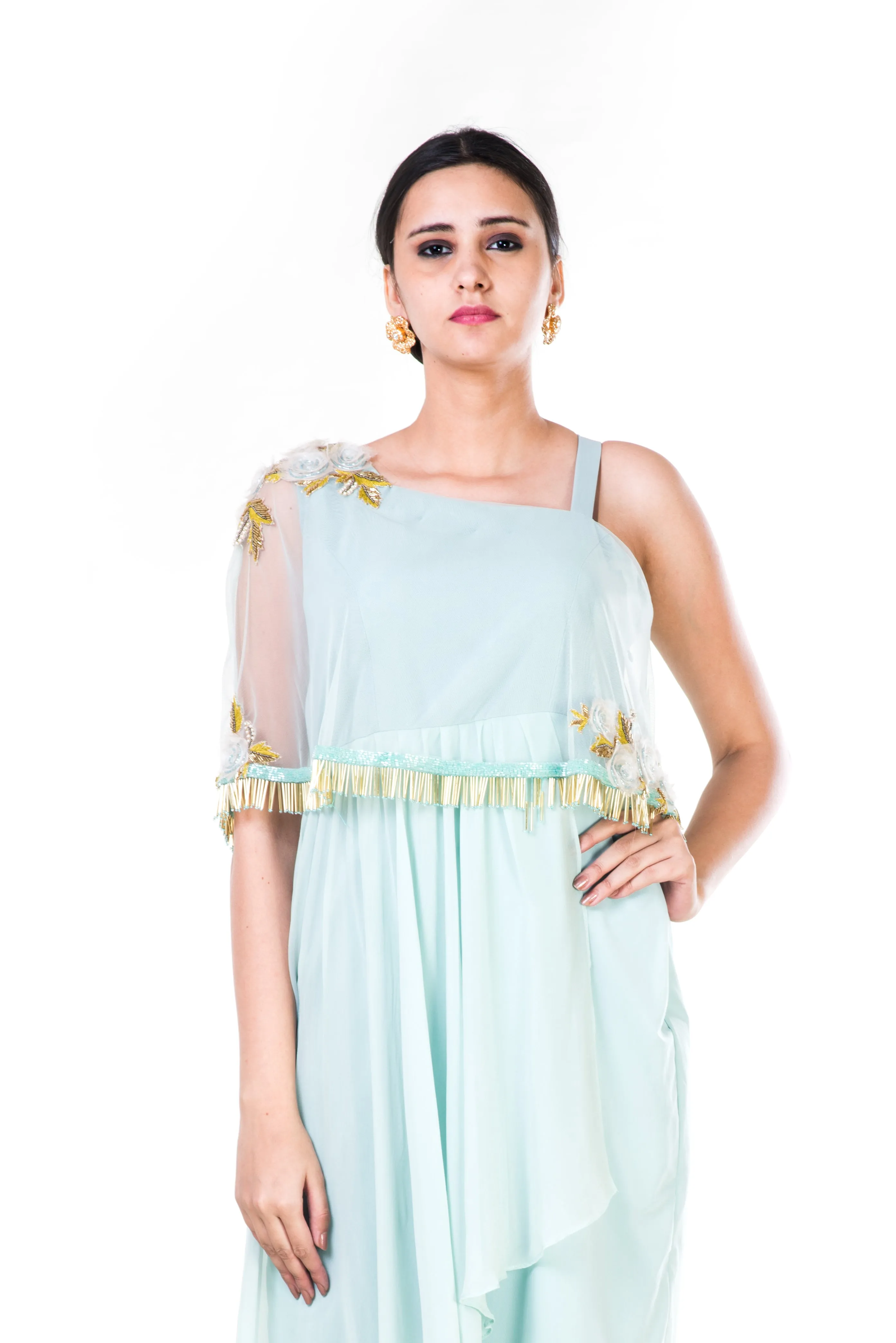 Anushree Agarwal Blush Green Single Shoulder Cape Gown
