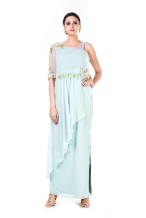 Anushree Agarwal Blush Green Single Shoulder Cape Gown
