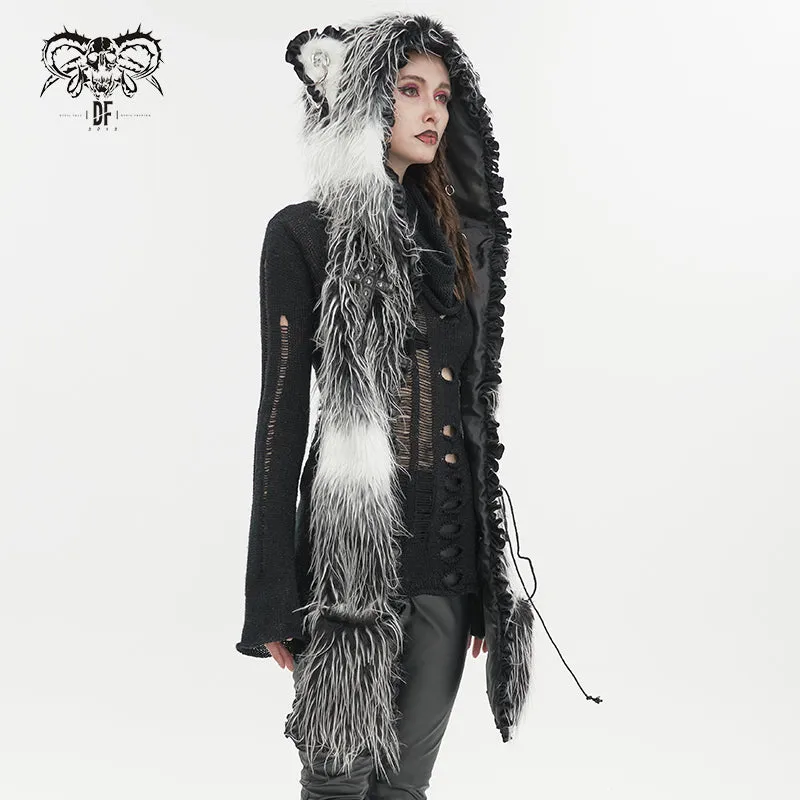 AS141 Black and White Long Hair Cat Ears Punk Hooded Scarf