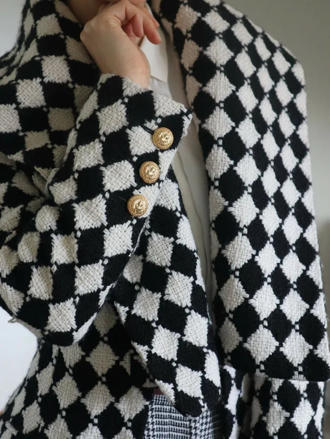 Balmain women's black and white houndstooth wool coat