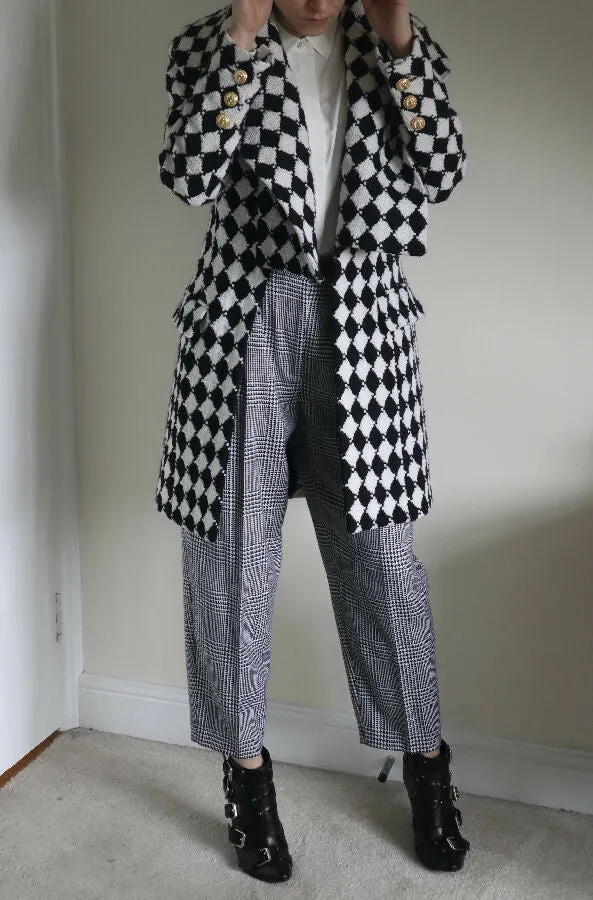 Balmain women's black and white houndstooth wool coat