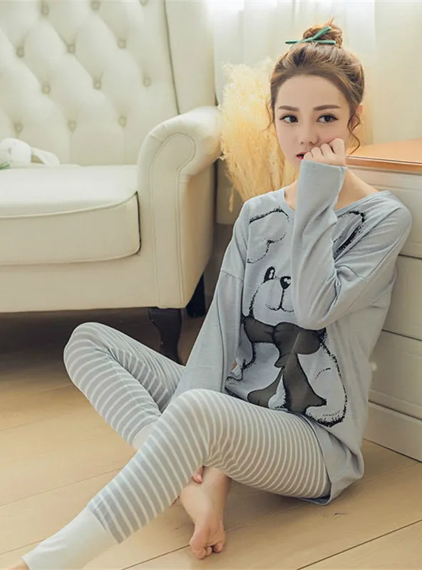 Bear printing Long sleeved Long trousers Pajamas Sets