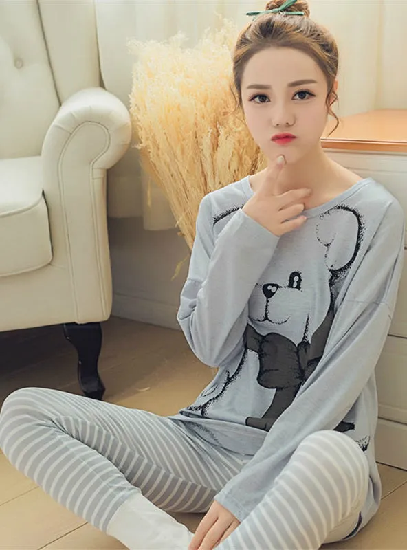 Bear printing Long sleeved Long trousers Pajamas Sets