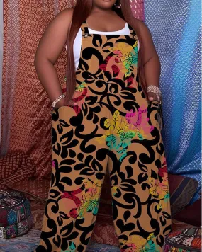 Black Patterned Retro Printed Camisole Jumpsuit
