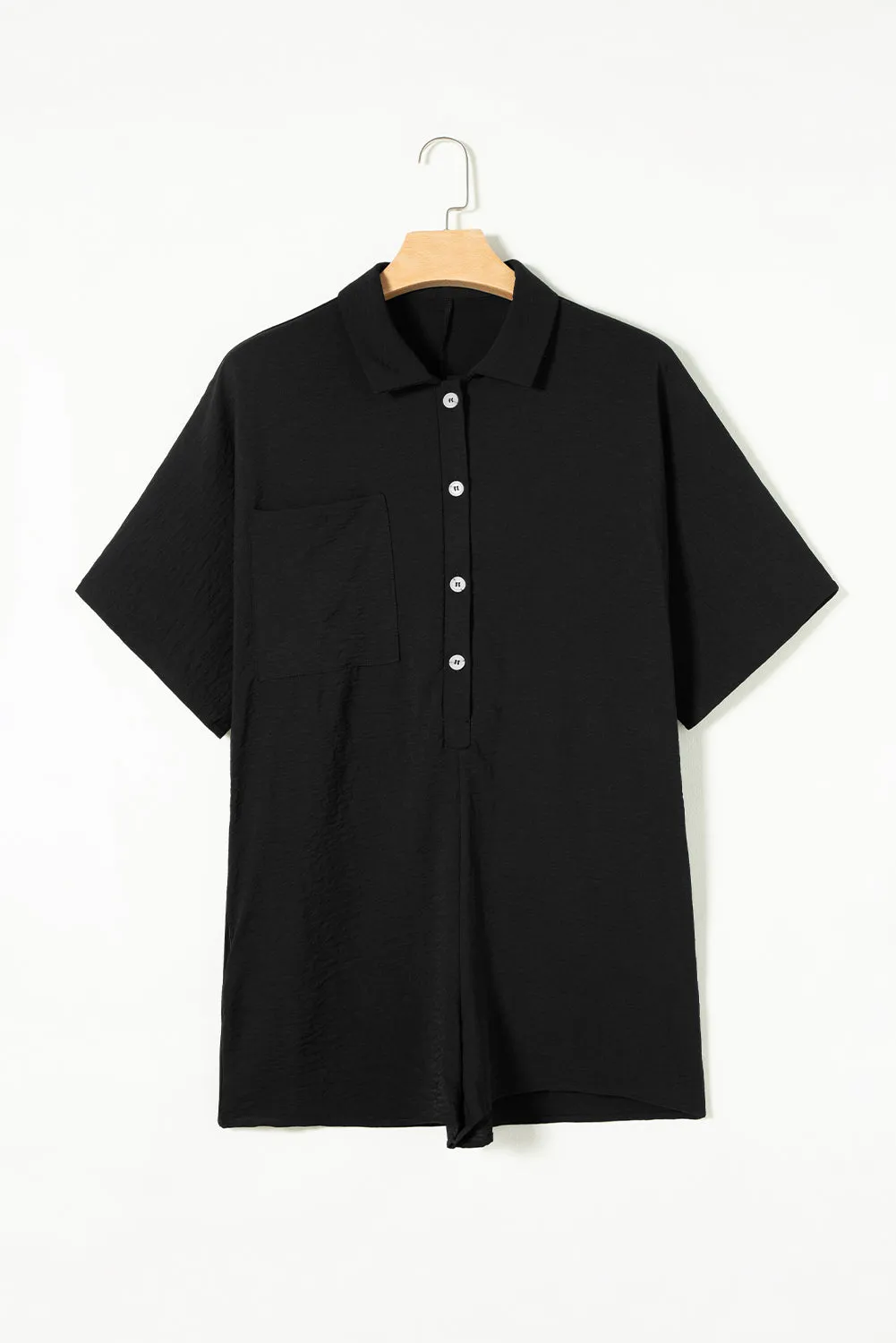 Black Plain Half Button Collared Pocket Loose Romper