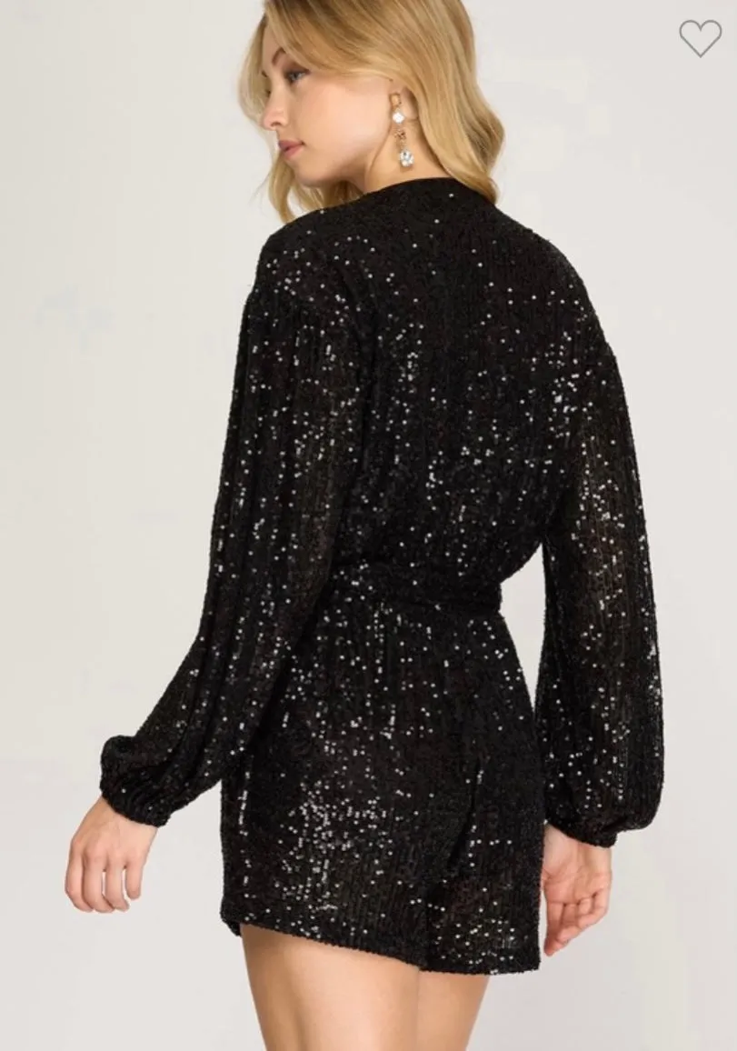 Black Sequin Surplice Romper w/Pockets