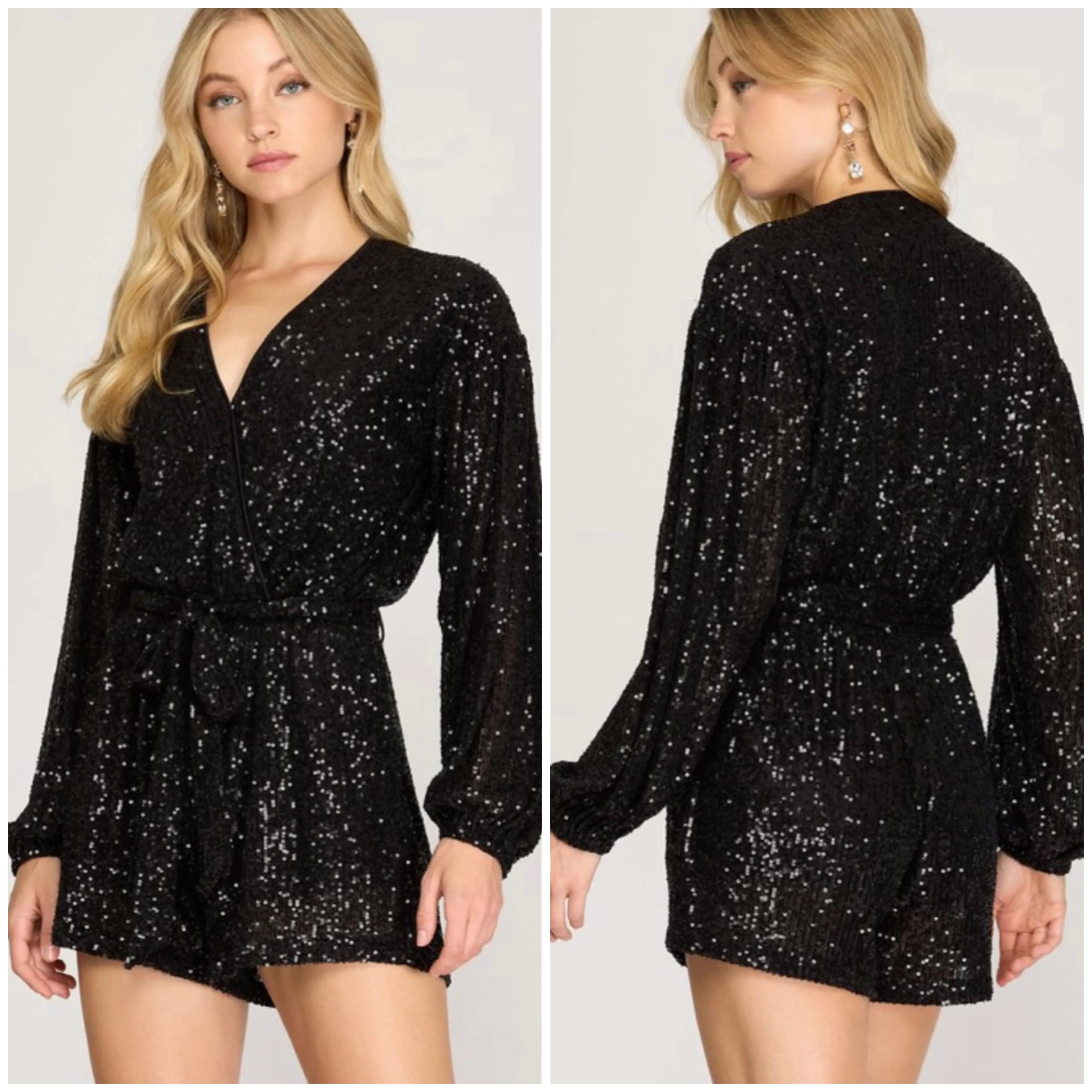 Black Sequin Surplice Romper w/Pockets