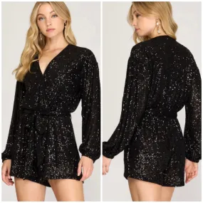 Black Sequin Surplice Romper w/Pockets