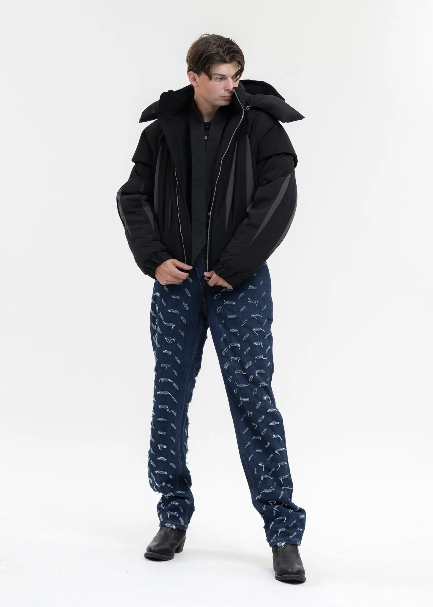 BLACK SLASHED DOUBLE PUFFER JACKET