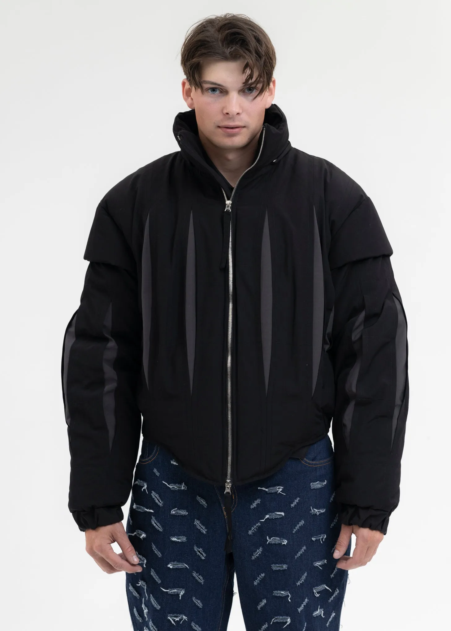 BLACK SLASHED DOUBLE PUFFER JACKET