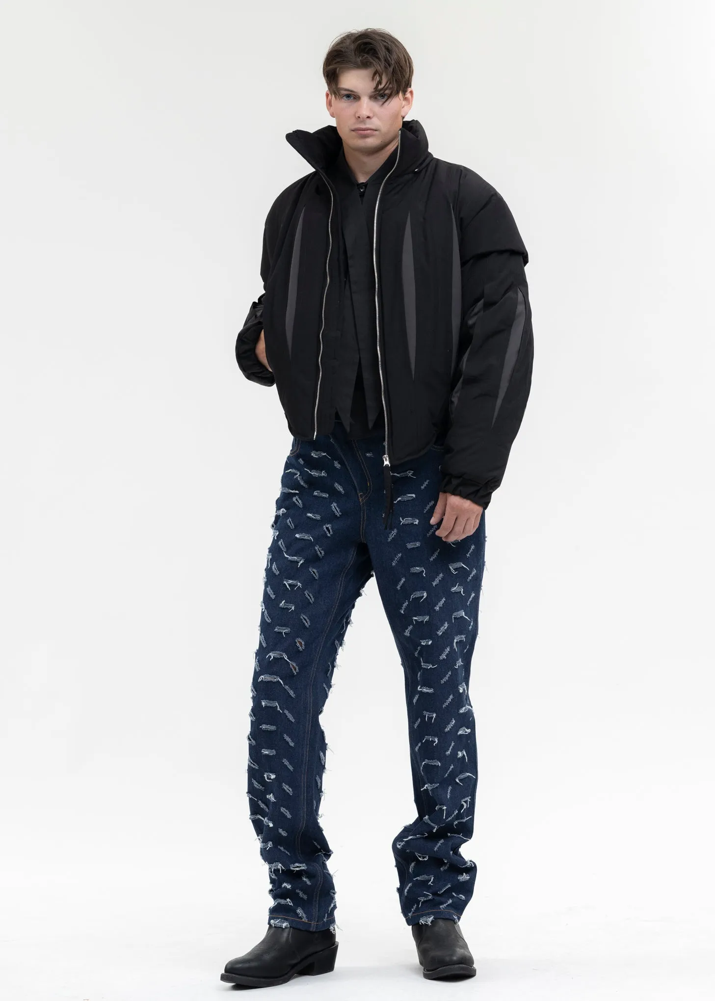 BLACK SLASHED DOUBLE PUFFER JACKET
