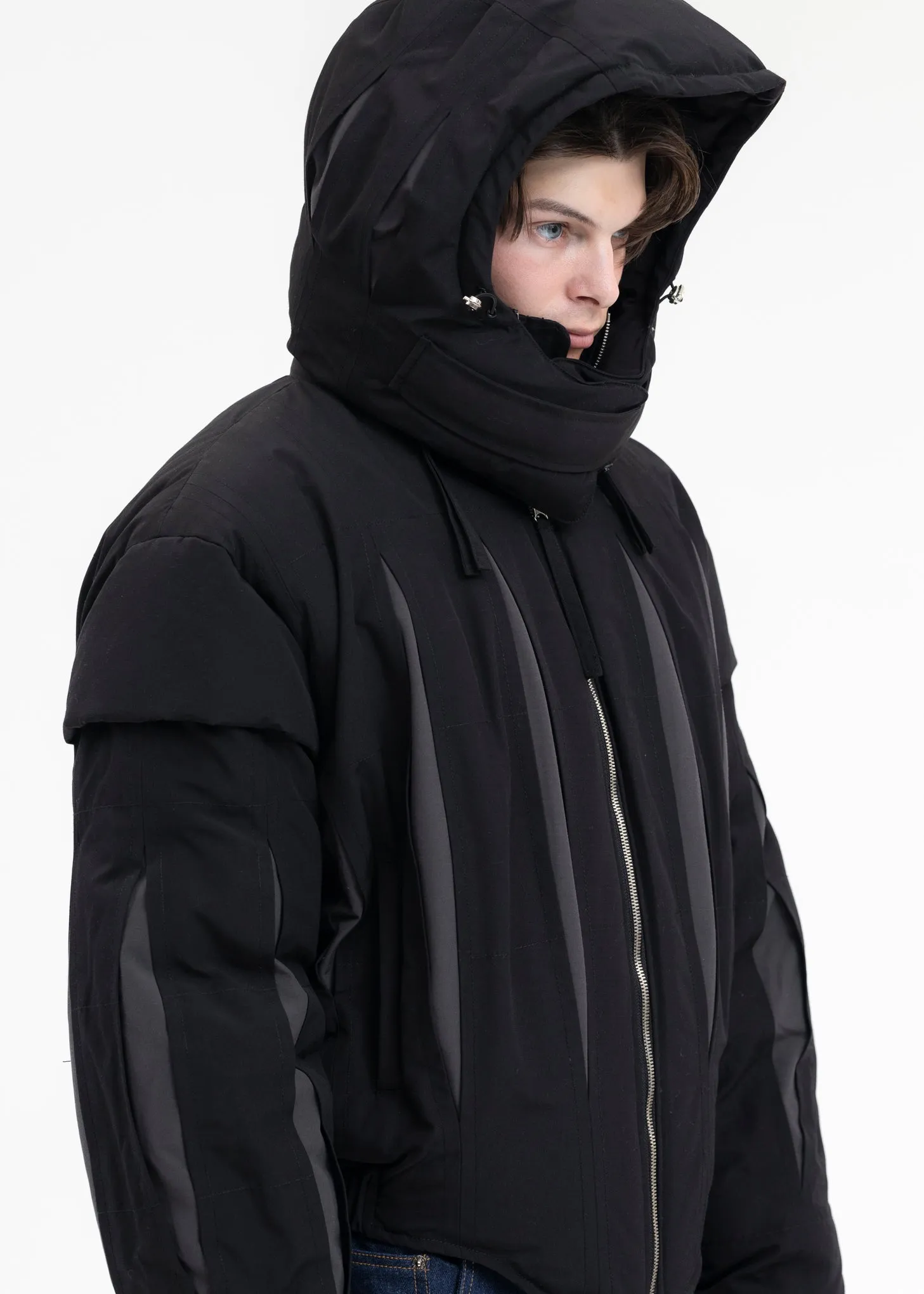 BLACK SLASHED DOUBLE PUFFER JACKET