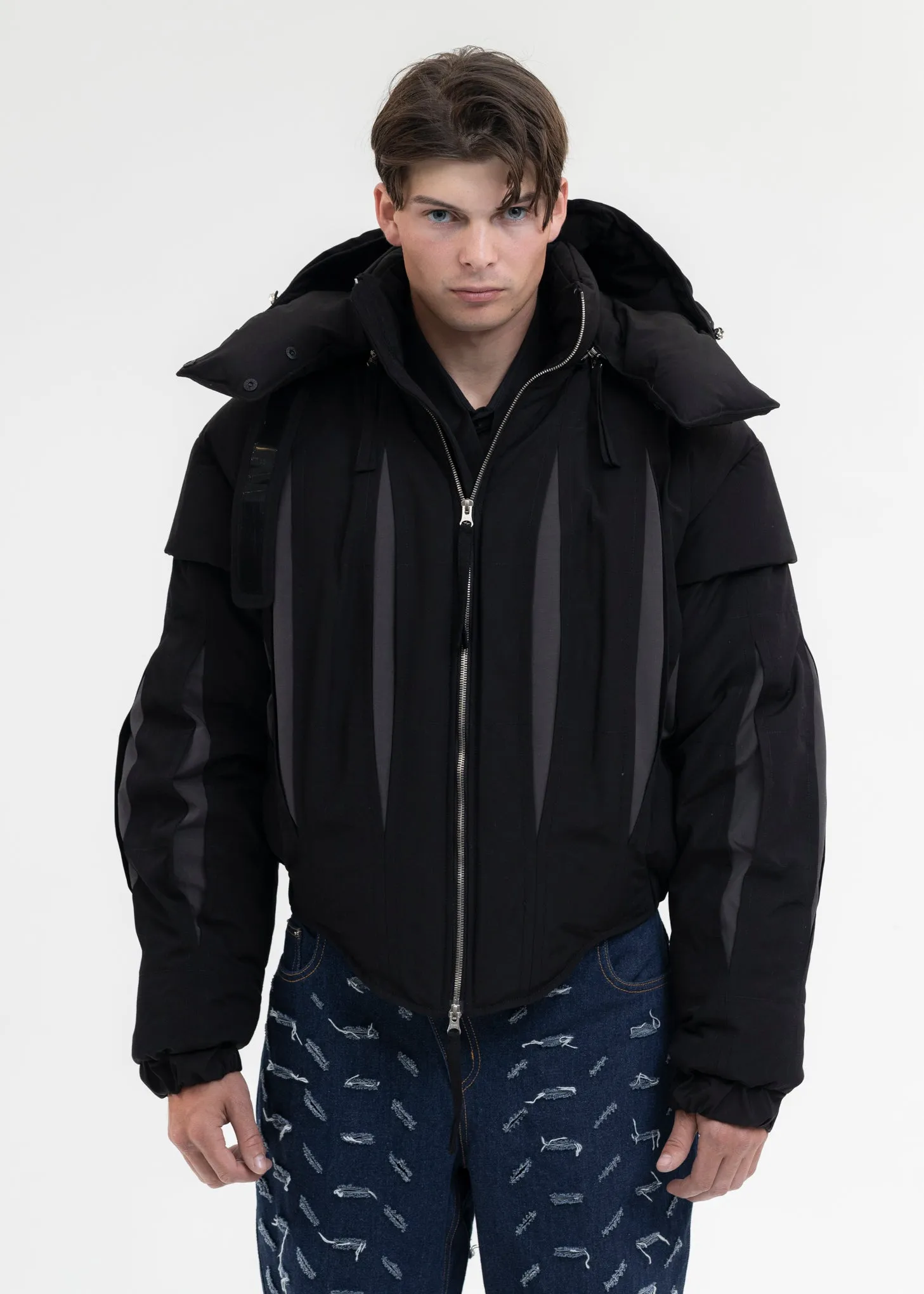 BLACK SLASHED DOUBLE PUFFER JACKET