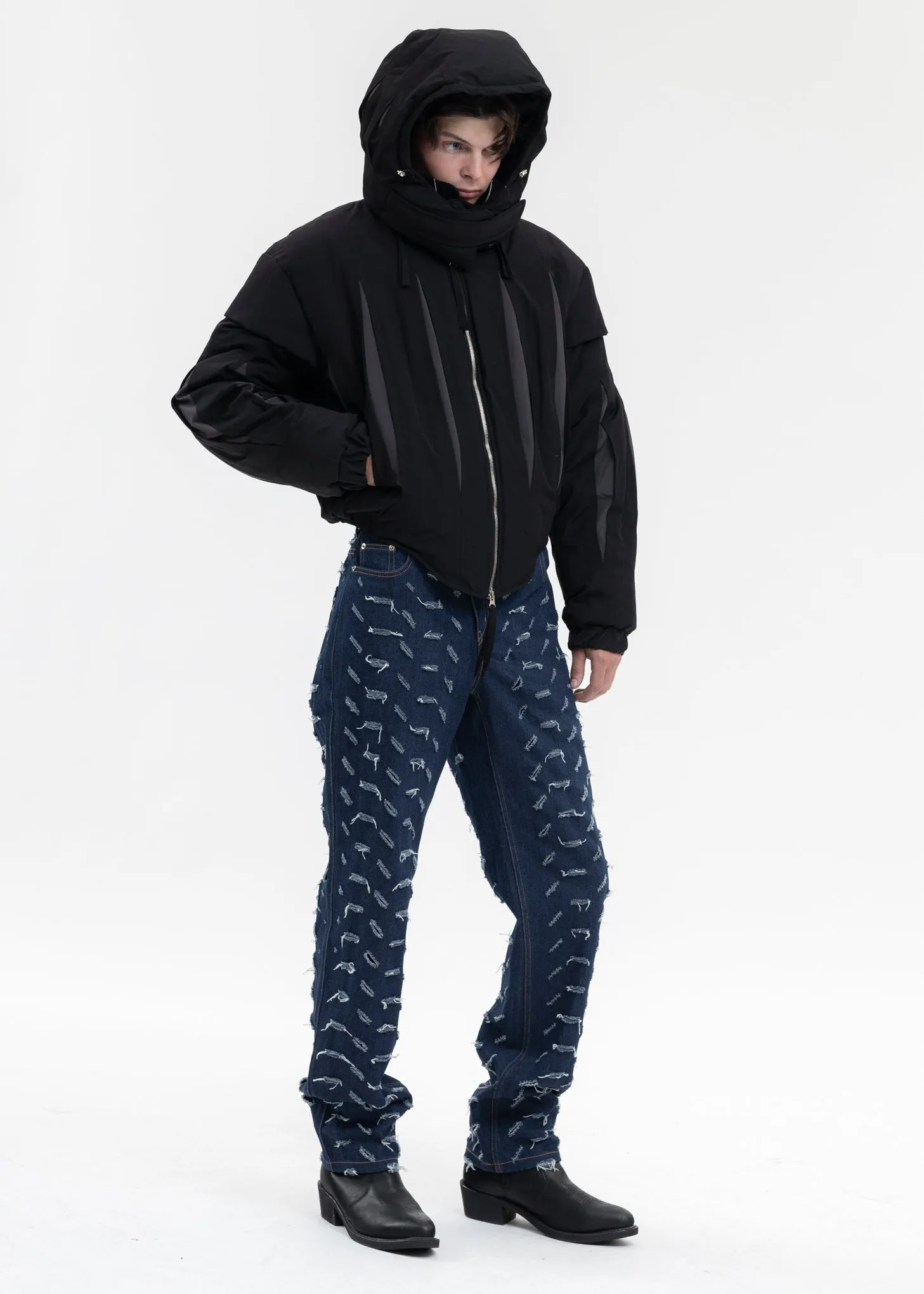 BLACK SLASHED DOUBLE PUFFER JACKET
