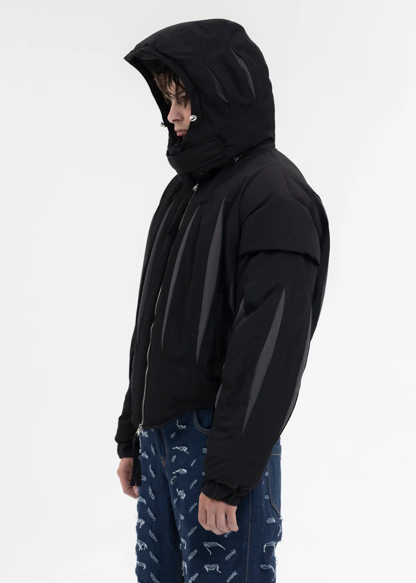 BLACK SLASHED DOUBLE PUFFER JACKET
