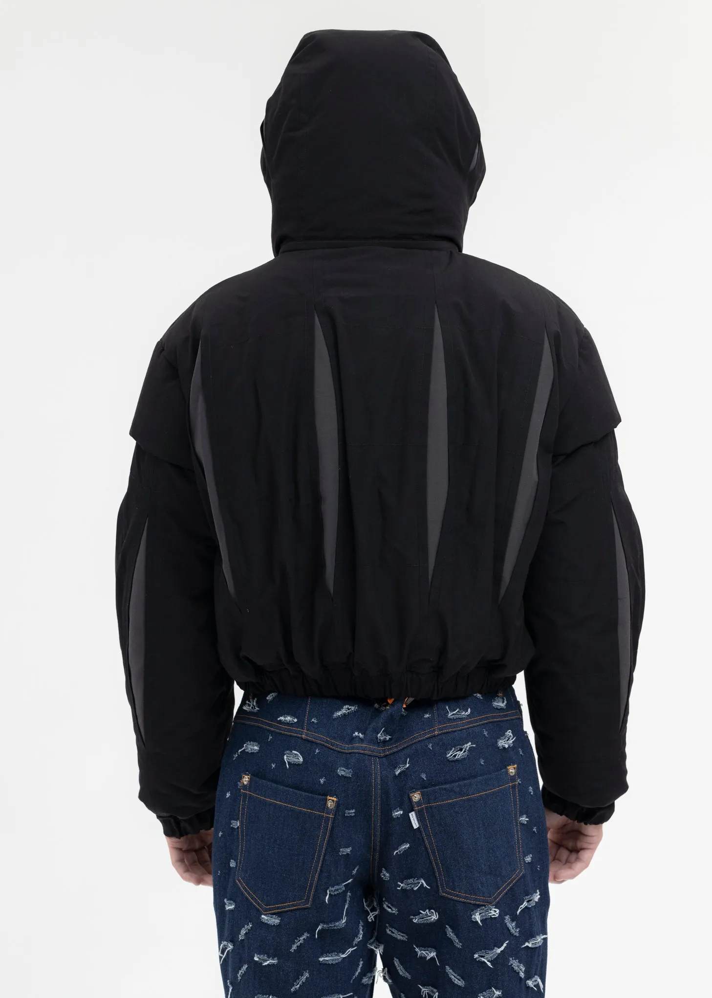 BLACK SLASHED DOUBLE PUFFER JACKET