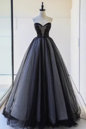 Black Strapless Tulle Lace Long Prom Dress, A-Line Sweetheart Neck Evening Party Dress