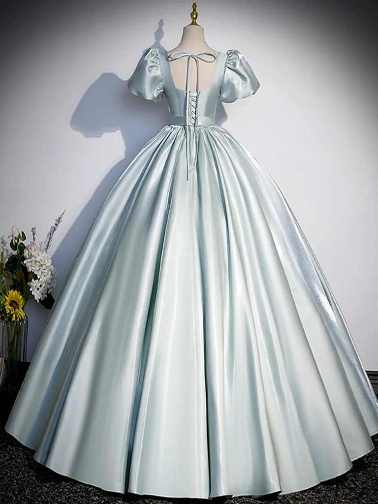 Blue A-Line Satin Long Prom Dress, Blue Satin Long Evening Dress