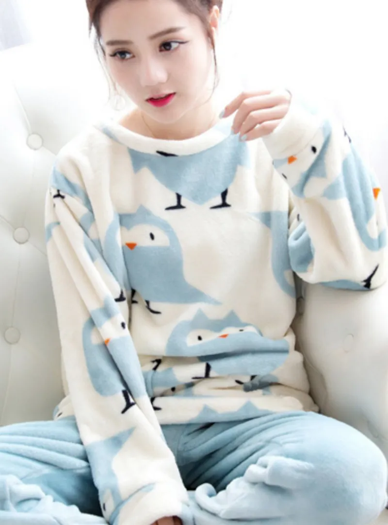 Blue Pyjamas Sets Thick Warm Coral Velvet Suit