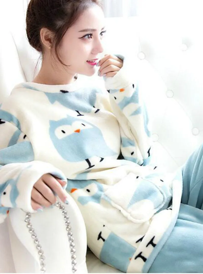 Blue Pyjamas Sets Thick Warm Coral Velvet Suit