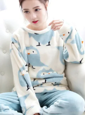 Blue Pyjamas Sets Thick Warm Coral Velvet Suit