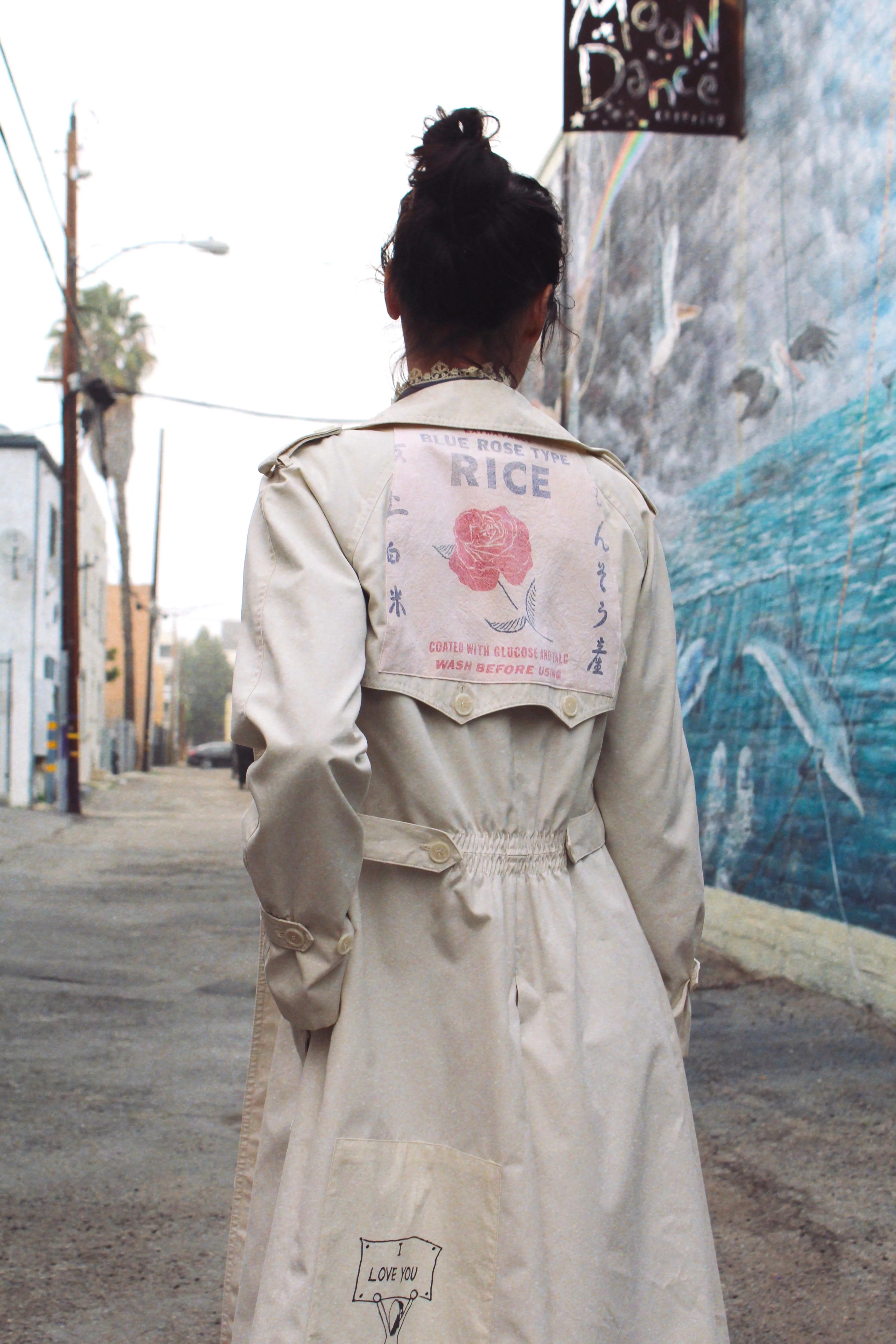 Blue Rose Rice Sack Patchwork Trench Coat