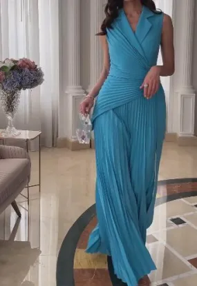 Blue Sleeveless Pleated Jumpsuit