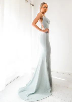 Blue sparkling cowl neck mermaid low back dress