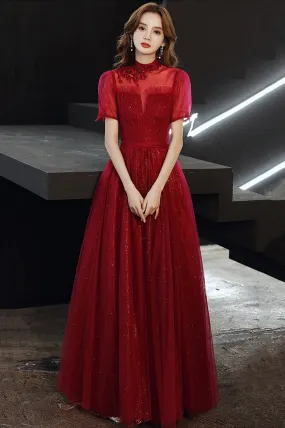 Burgundy Tulle Long A-Line Prom Dress, Burgundy Lace Evening Dress