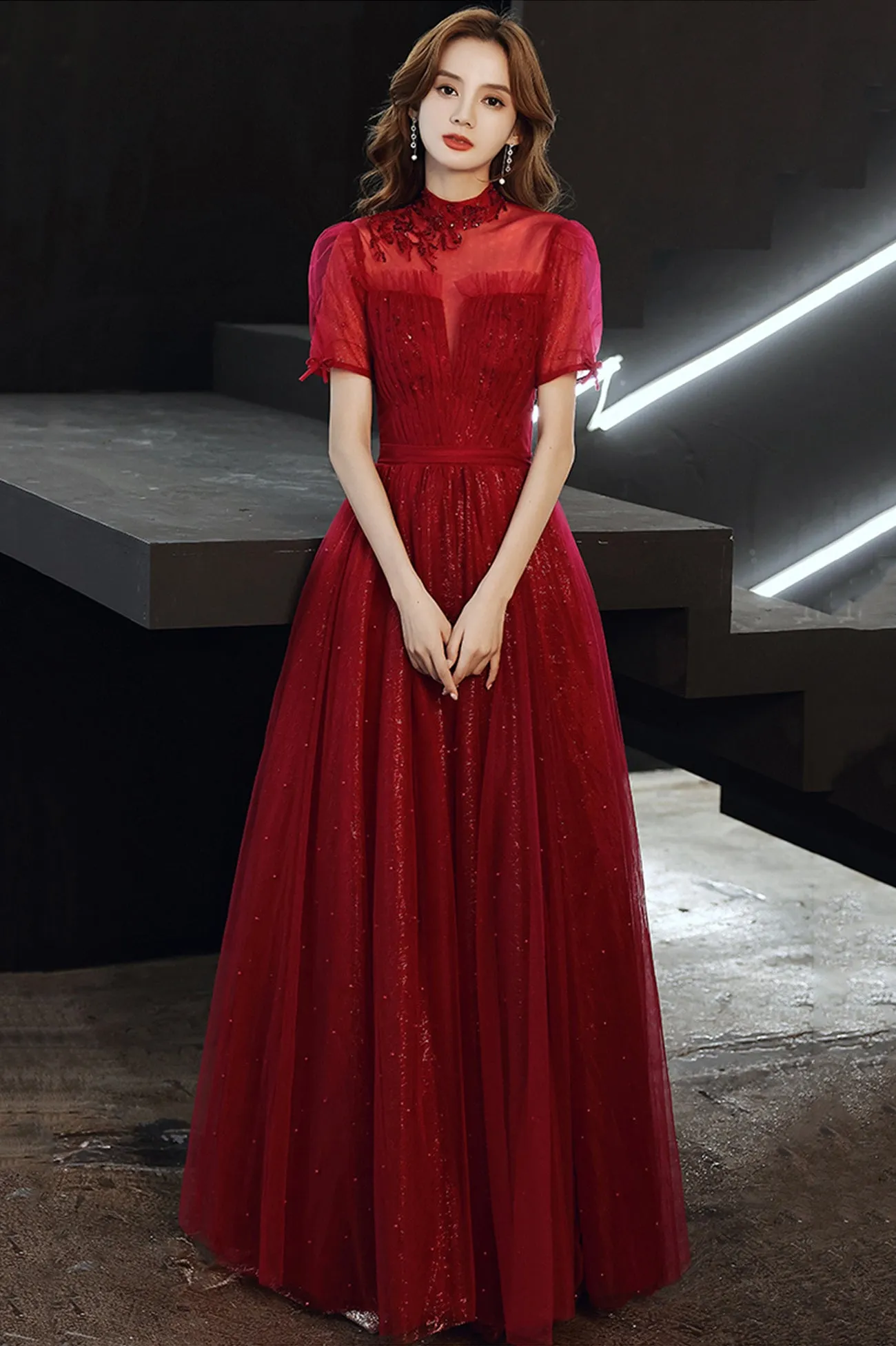 Burgundy Tulle Long A-Line Prom Dress, Burgundy Lace Evening Dress