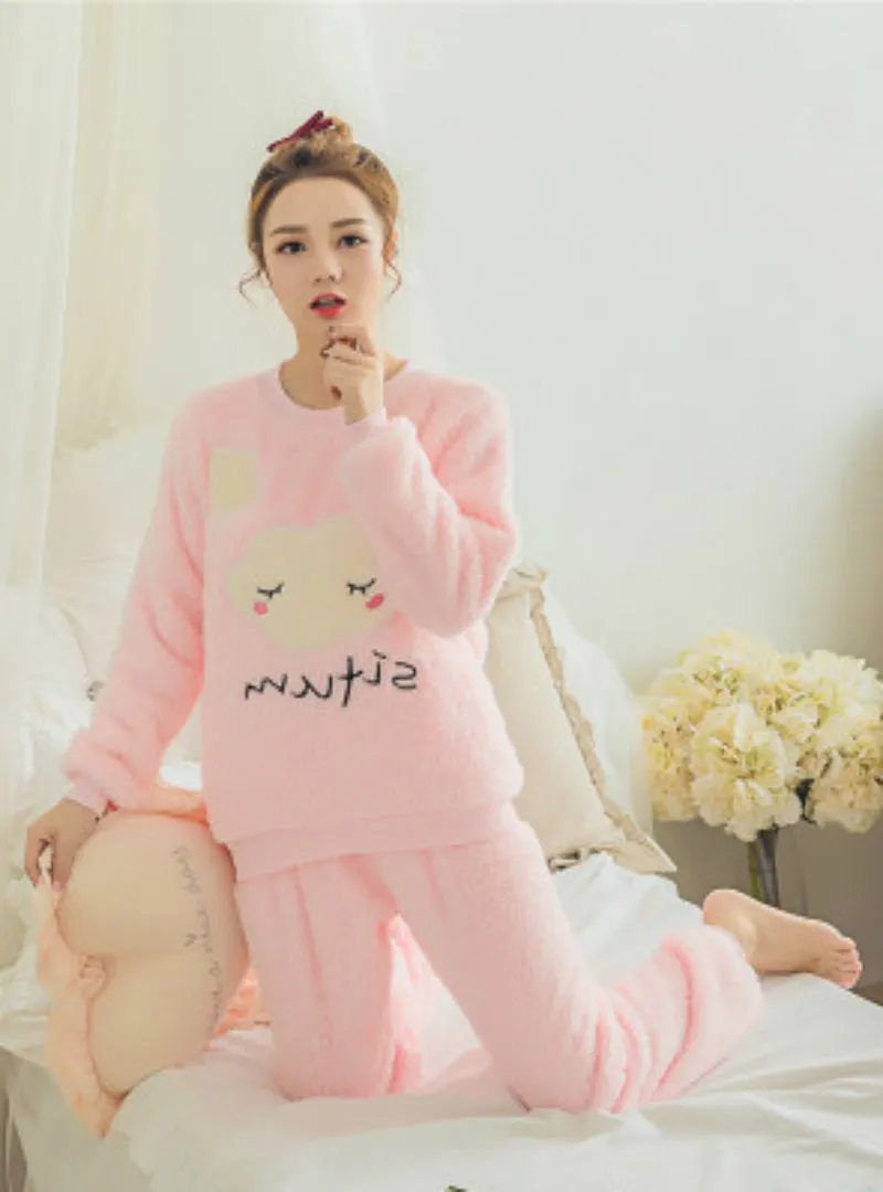 Clouds Pyjamas Sets Thick Warm Coral Velvet Suit