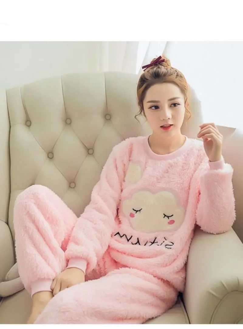 Clouds Pyjamas Sets Thick Warm Coral Velvet Suit