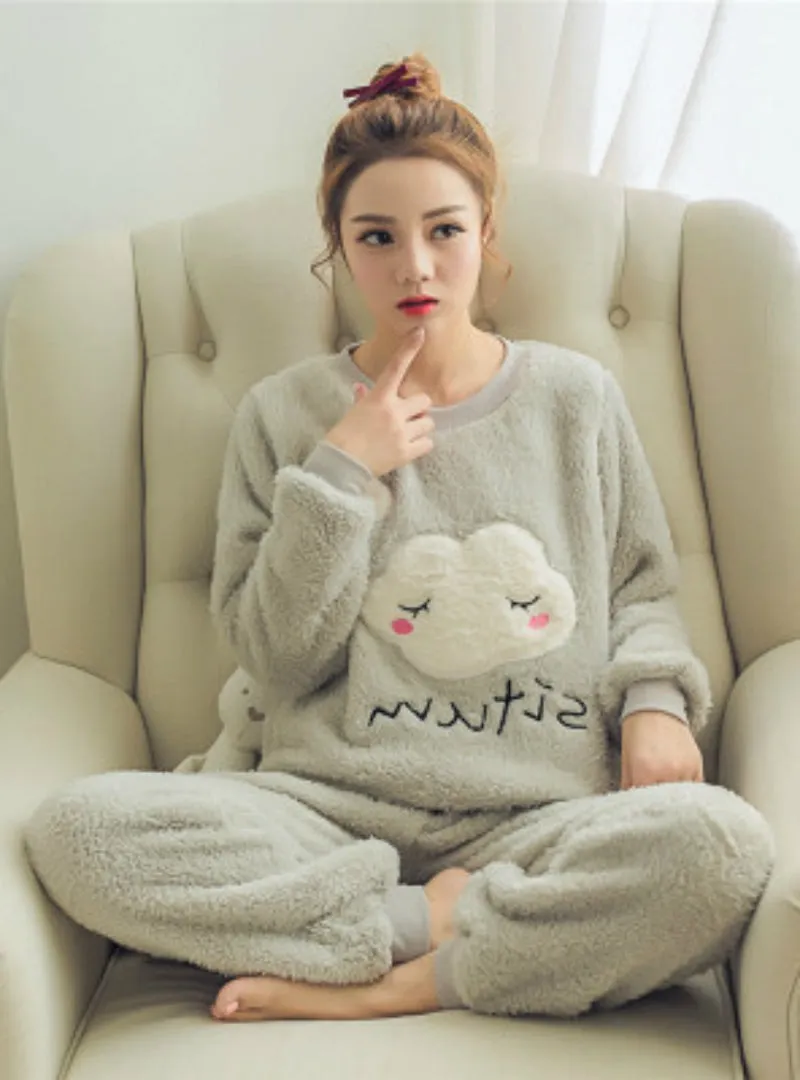 Clouds Pyjamas Sets Thick Warm Coral Velvet Suit