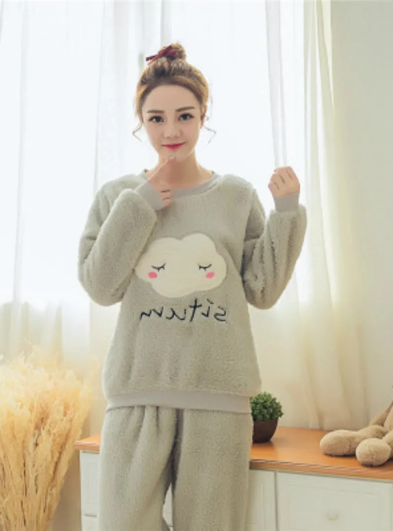 Clouds Pyjamas Sets Thick Warm Coral Velvet Suit