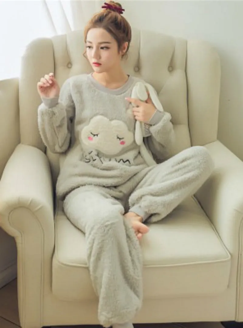 Clouds Pyjamas Sets Thick Warm Coral Velvet Suit
