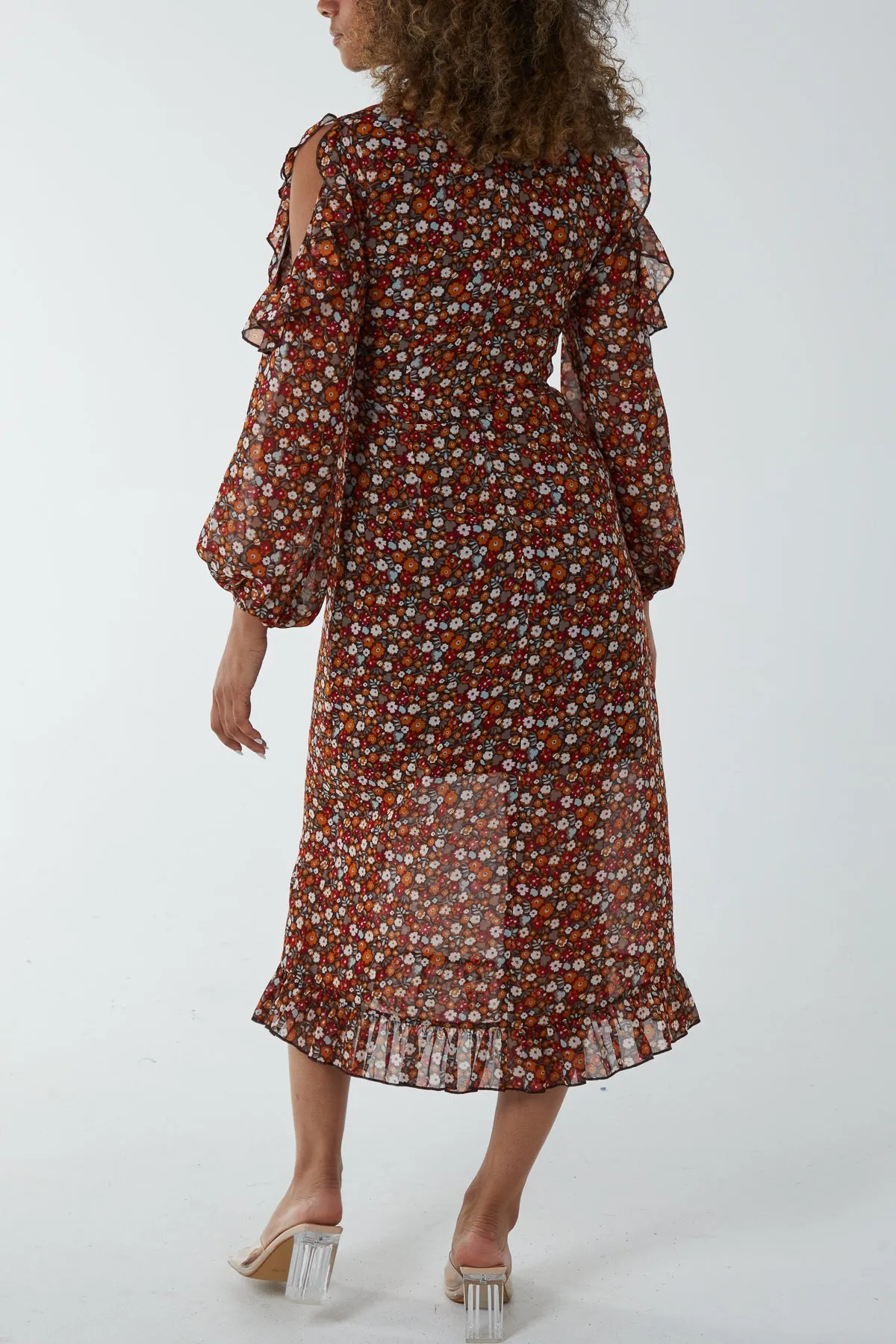 Cold Shoulder Ditsy Floral Frill Midi Dress