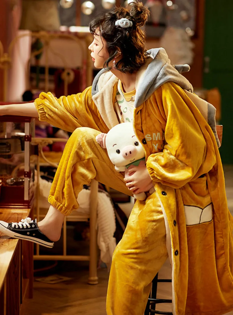 Coral Velvet Two-piece Suit Yellow Robe Elephant Hooded