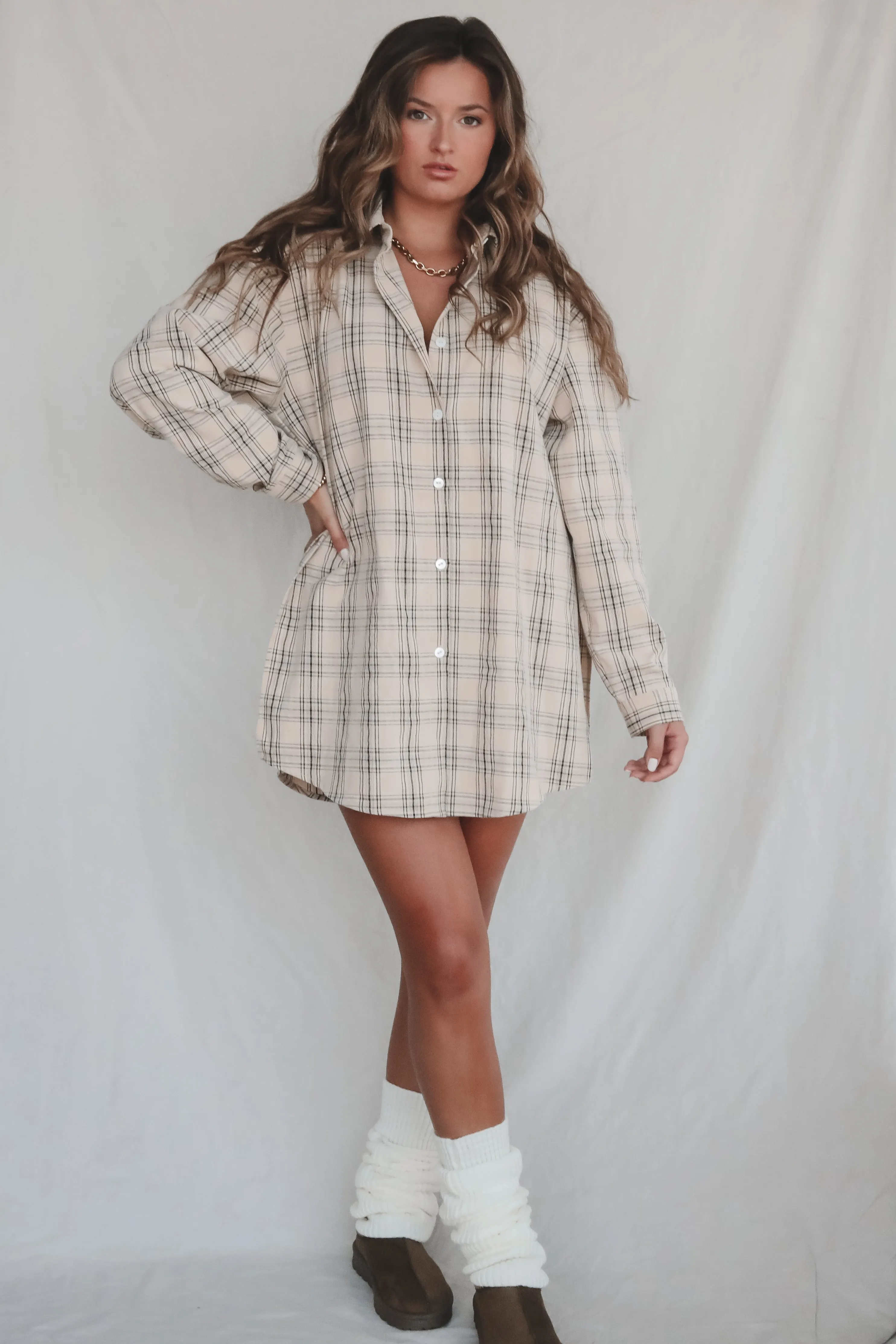Cute Girl Cute Oversized Vanilla Mocha Plaid Shirt Romper