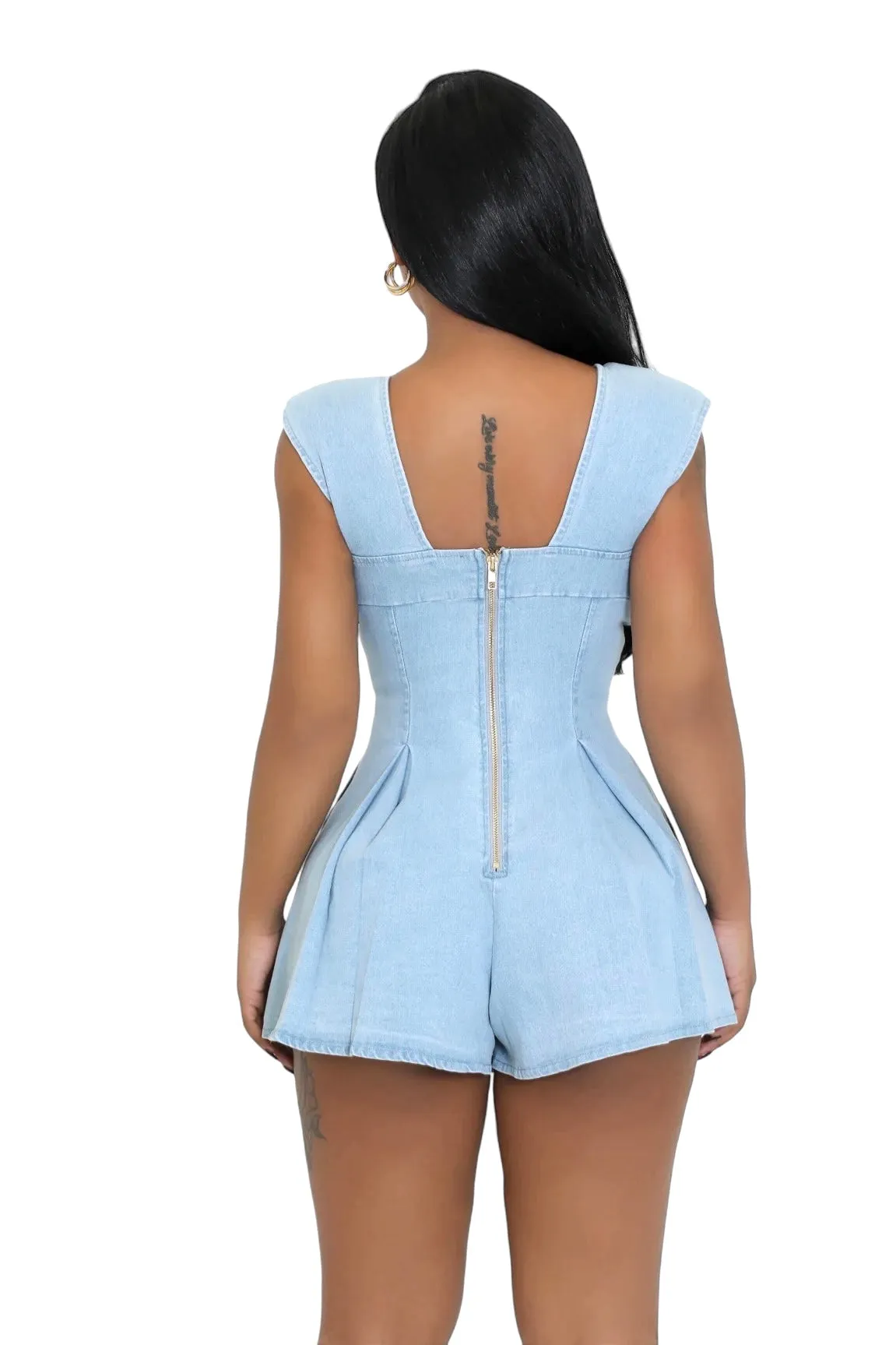 Denim Cut Out Lace Up Romper