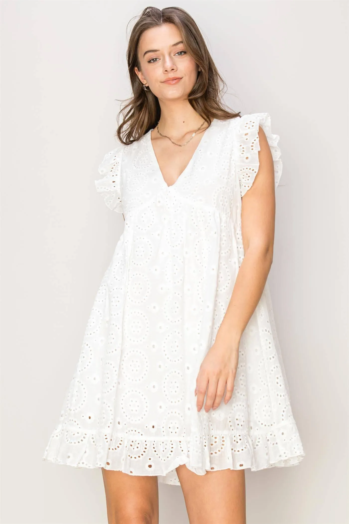 Easy On Me White Cotton Eyelet Mini Babydoll Dress