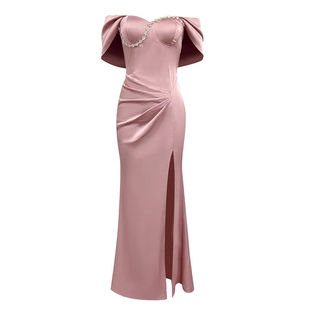 Elegant Off Shoulder Tube Top with Diamond Slit Formal Dress