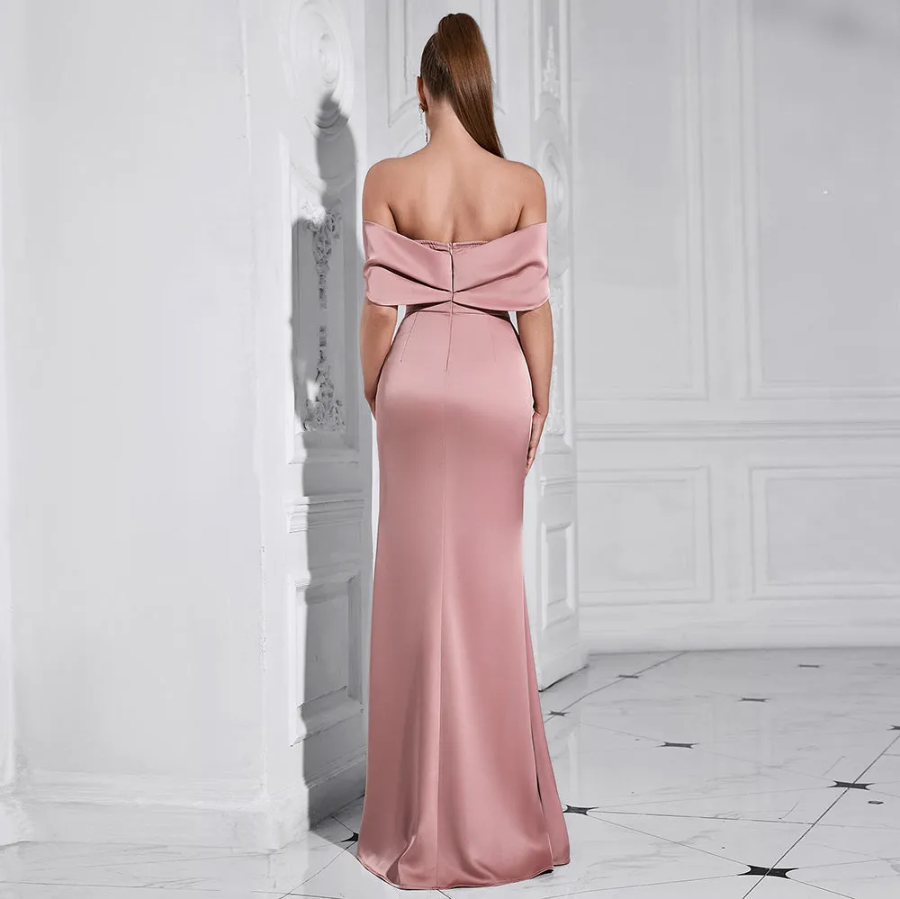 Elegant Off Shoulder Tube Top with Diamond Slit Formal Dress